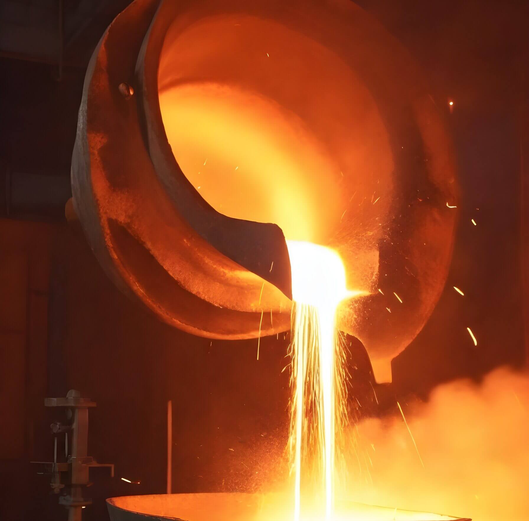 Molten metal being poured into a furnace lined with refractory materials.